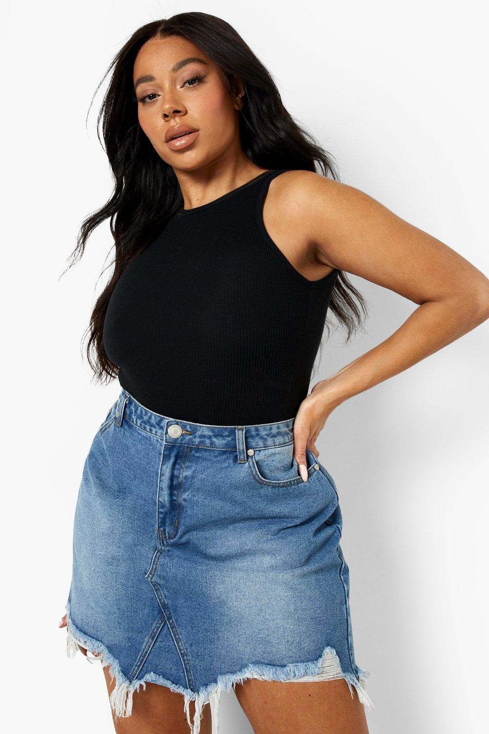 Boohoo plus size sales denim skirt